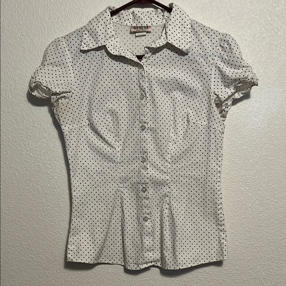 MKM Designs Black and White Puff Sleeve Button Down Blouse